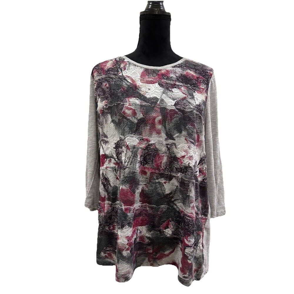 Chicos Sz 2 Womens L  Top Floral Lace Front 3\4 Sleeve Boho Pullover